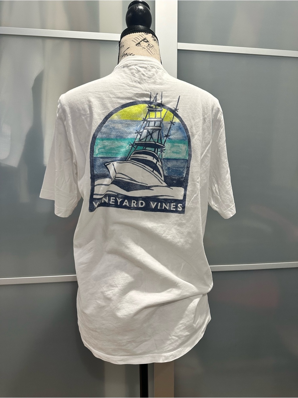 Vineyard Vines White Short-Sleeve Tee with Boat Sunset Graphic